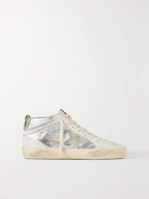 Mid Star distressed suede-trimmed metallic snake-effect leather sneakers