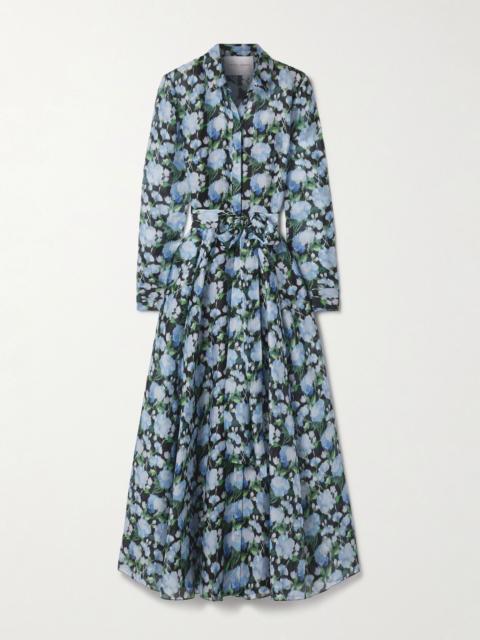 CAROLINA HERRERA Belted floral-print silk-organza midi shirt dress Blue