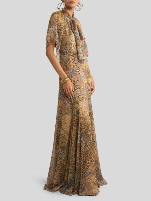 Etro LONG SILK DRESS WITH SILK SCARF AND PAISLEY AND ANIMAL MOTIF