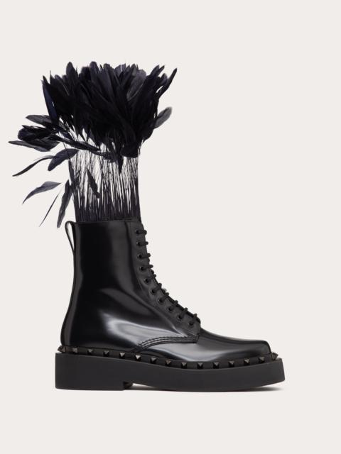 Valentino ROCKSTUD M-WAY COMBAT BOOT IN CALFSKIN WITH FEATHERS 50MM