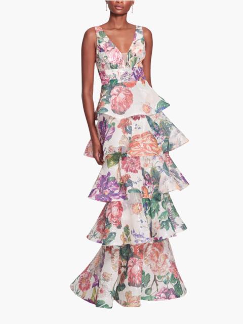 Marchesa PLUNGING V-NECK FLORAL PRINTED GOWN