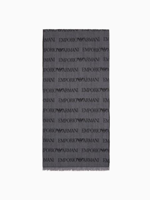 EMPORIO ARMANI Virgin-wool blend scarf with jacquard logo lettering and fringes