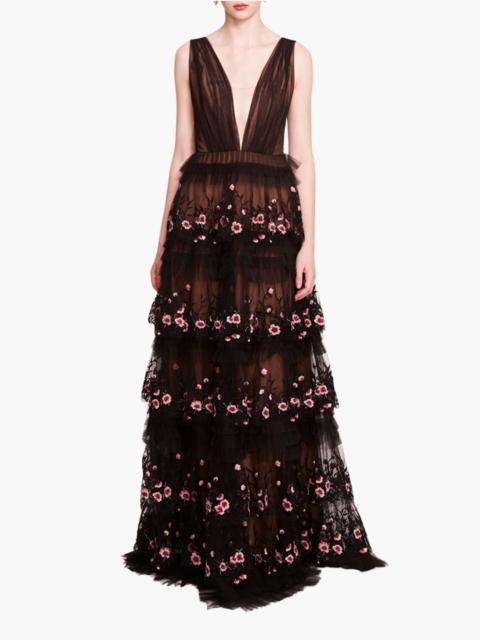 Marchesa TIERED TERRARIUM V-NECK GOWN