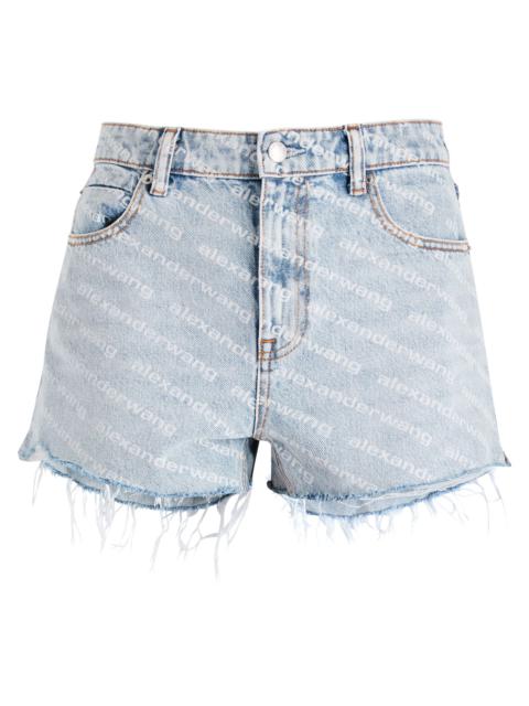 Logo-print distressed denim shorts