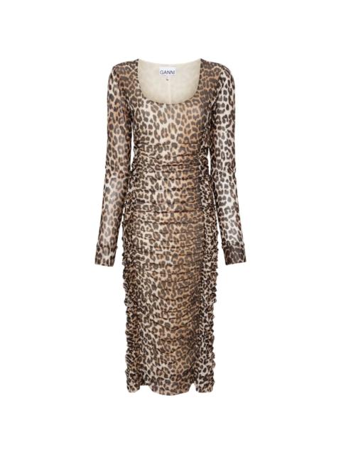 leopard-print ruched-detail midi dress