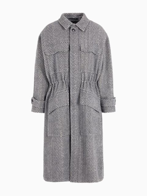 Long coat in chevron jacquard virgin wool and cashmere