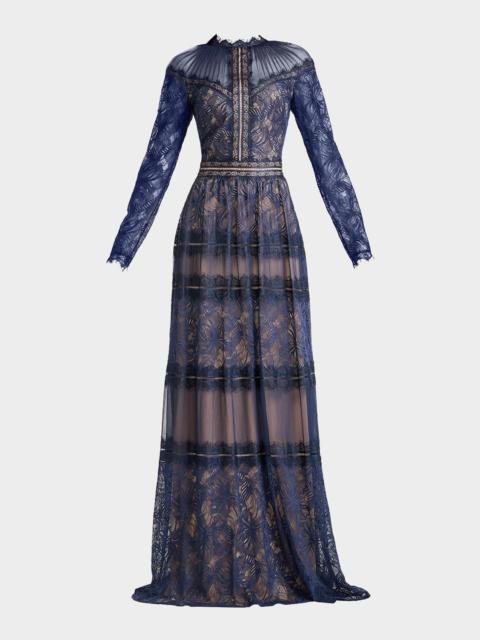 TADASHI SHOJI Debore Orchid Illusion Long-Sleeve Gown