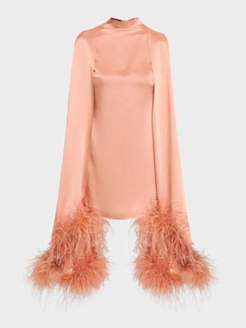 LAPOINTE Feather Trim Satin Cape Sleeve Mini Dress