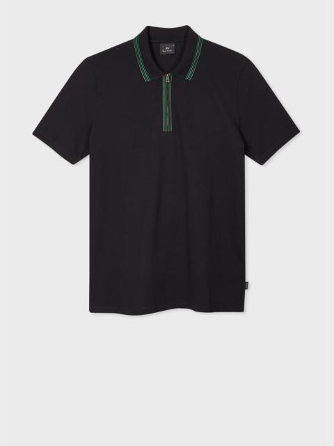 Black Zip Neck Stretch-Cotton Polo Shirt With Two-Tone Tipping
