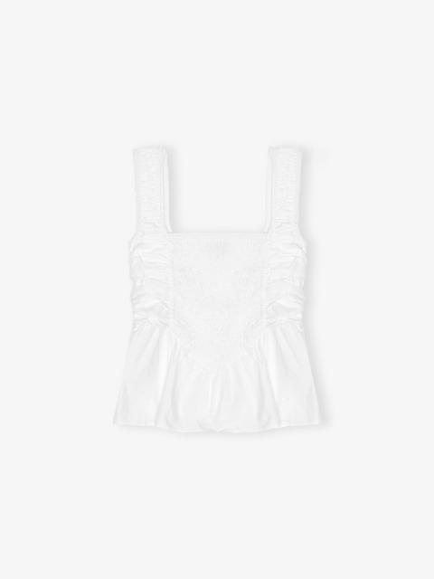 GANNI WHITE COTTON POPLIN SMOCK STRAP TOP