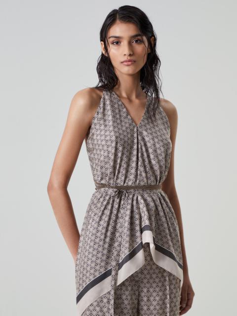 Brunello Cucinelli Starburst flower silk pongee top with shiny straps