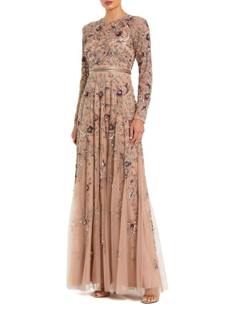 MAC DUGGAL Women's Floral-Embellished Mesh A-Line Gown - Mocha