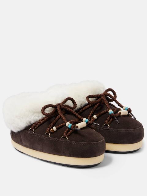 MOON BOOT Faux fur-trimmed suede mules