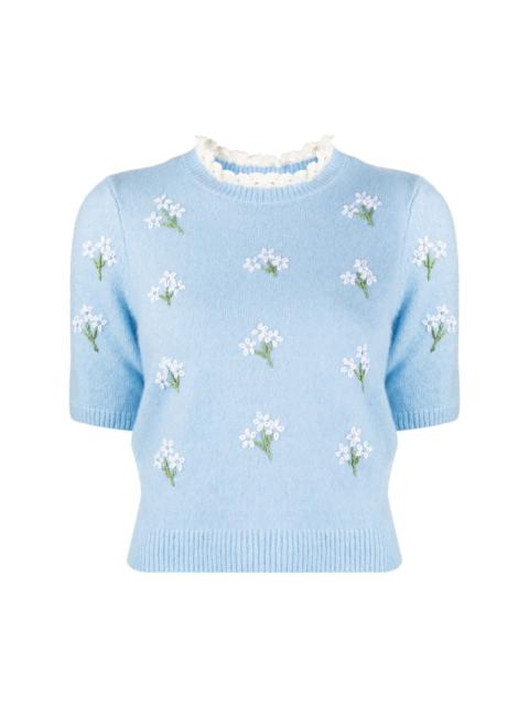 floral-embroidered short-sleeve jumper