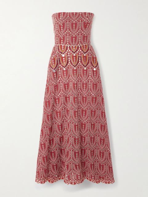 Johanna Ortiz Bengala strapless embellished broderie anglaise maxi dress Red