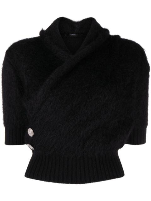 Balmain crystal-embellished buttons wrap knitted top
