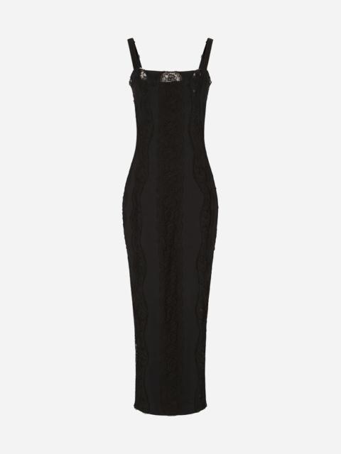 Jersey calf-length dress with lace inserts