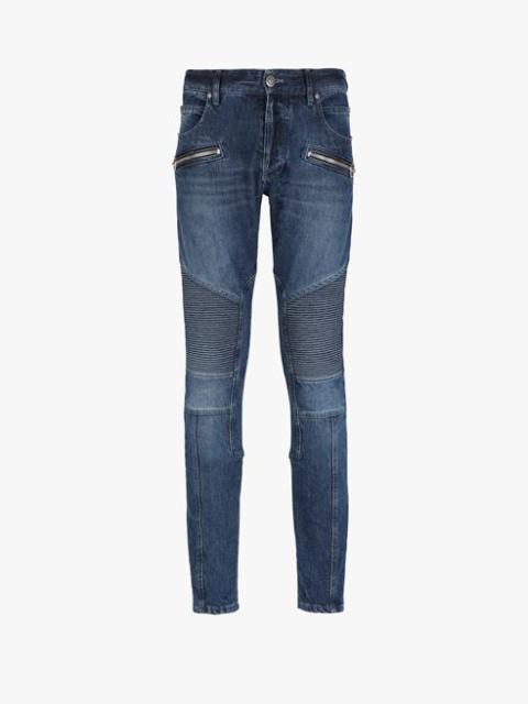 Slim cut ridged blue raw cotton jeans