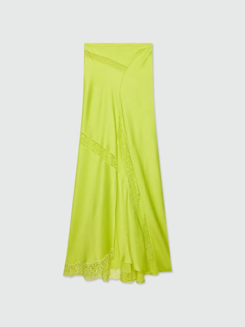 MSGM Lime long satin skirt with flared hem and lace inserts