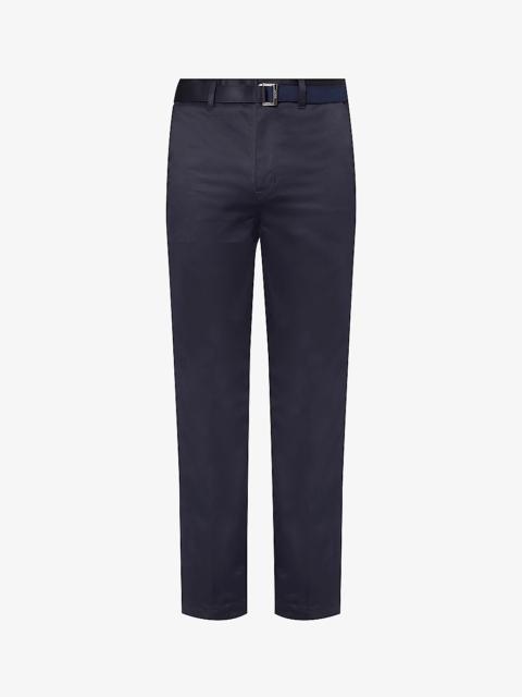 Integrated-belt tapered-leg cotton trousers