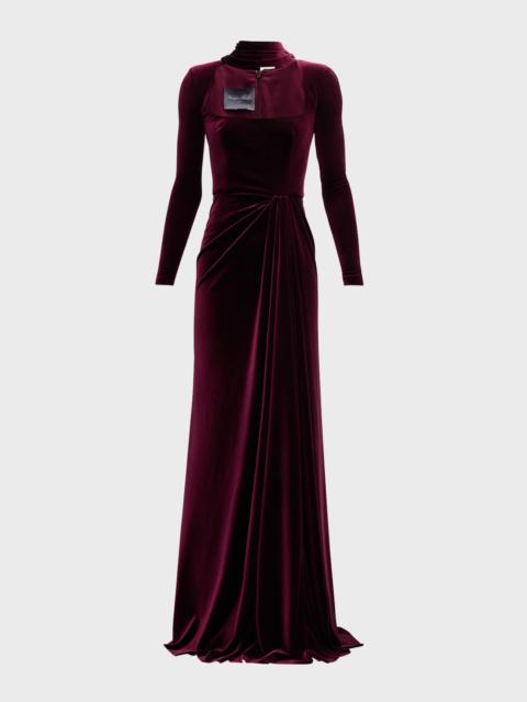Monique Lhuillier Square-Neck Long-Sleeve Velvet Scarf Gown