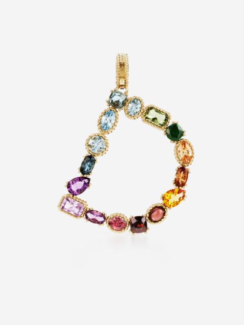 Rainbow alphabet D 18 kt yellow gold charm with multicolor fine gems