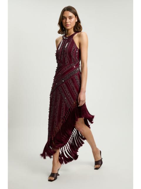KAREN MILLEN Hand Embellished Asymmetric Tassel Dress