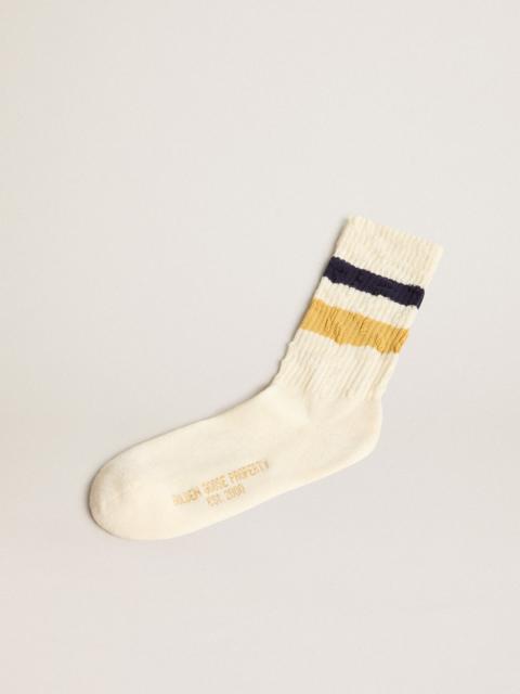 Aged-white socks with distressed details and two-tone stripes