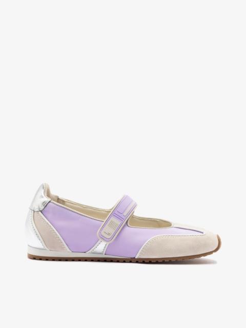 Larroudé Devon Ballet Flat In Mushroom Grey Suede, Lilac Nylon and Silver Metallic Leather
