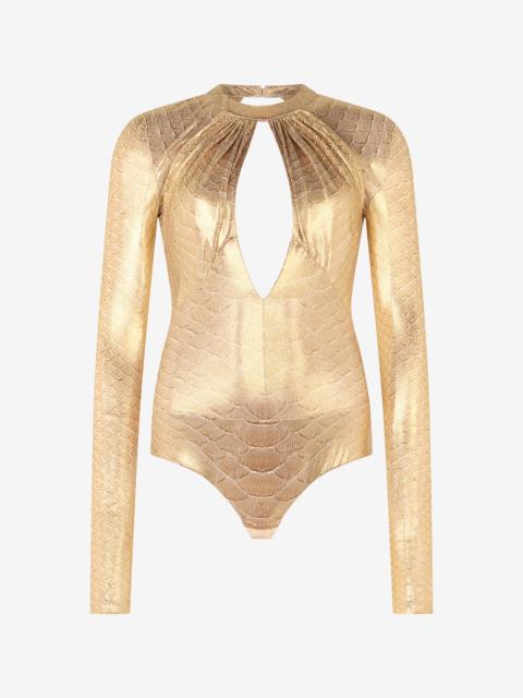Roberto Cavalli Golden Beige Bodysuit with Scale Print