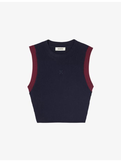 Sandro Contrast-Trim Cropped Stretch-Knit Top