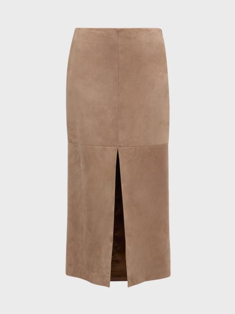 Front-Slit Suede Midi Skirt