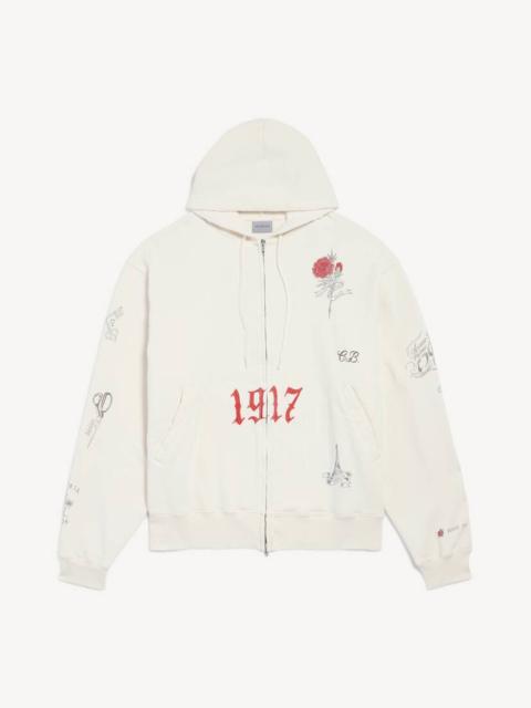 BALENCIAGA Men's Tattoo Oversized Zip-up Hoodie in Cream