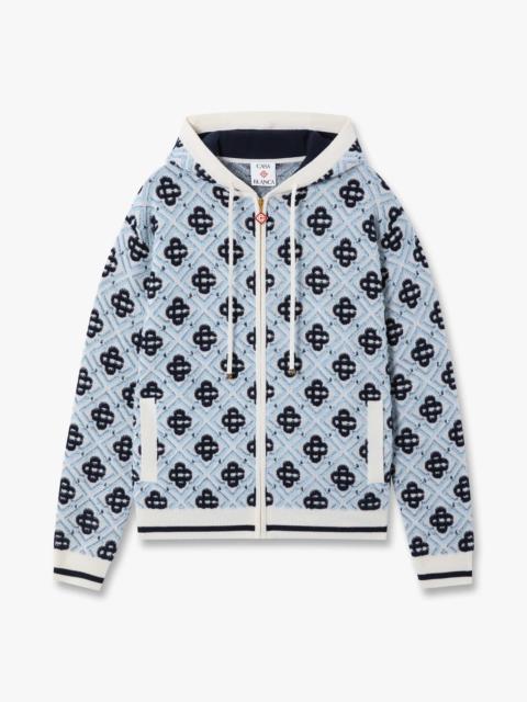 CASABLANCA Blue Merino Monogram Zip‑Up Hooded Sweatshirt