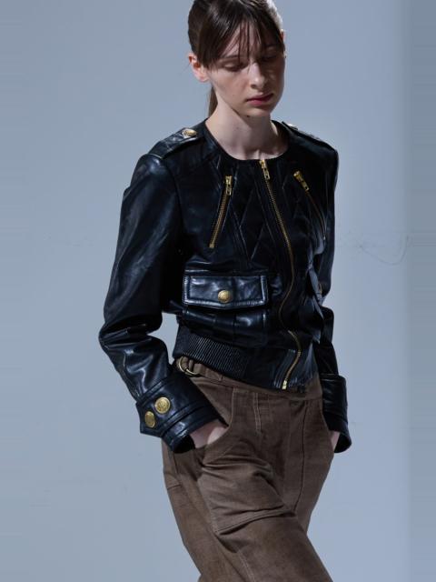 R13 LEATHER SHRUNKEN QUILTED ZIPPERED JACKET