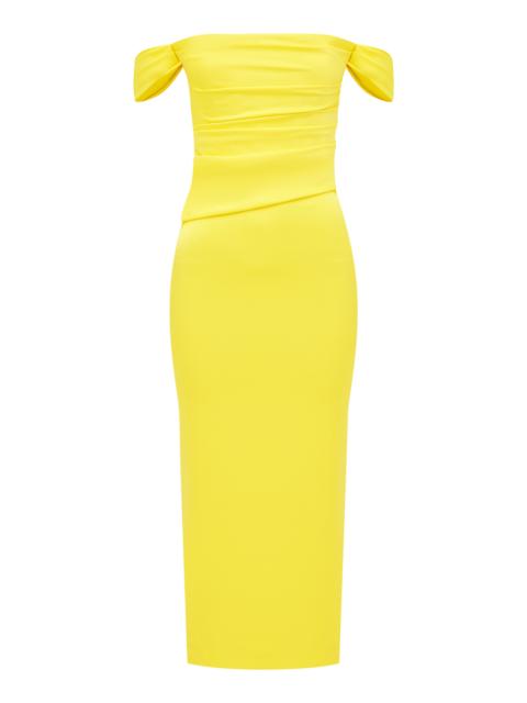 ALEX PERRY Off Shoulder Tucked Dress In Satin Crepe yellow