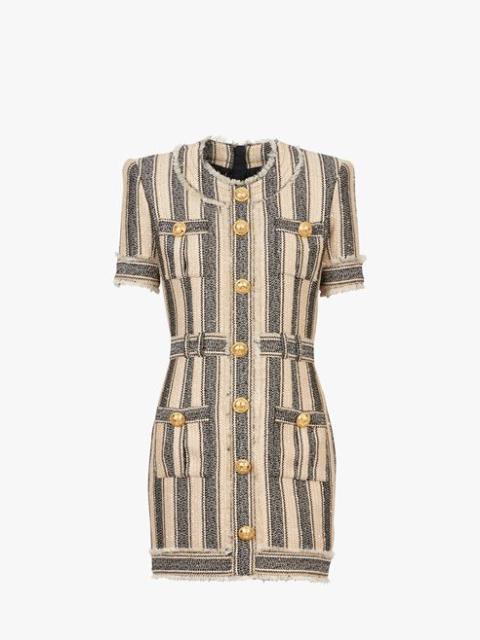 Balmain Short ecru and black cotton piqué dress with gold-tone buttons