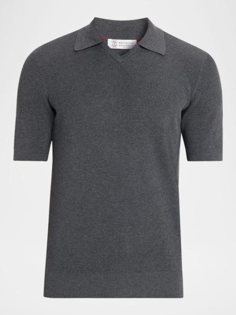 Brunello Cucinelli Men's Cotton Rib Johnny Collar Polo Sweater