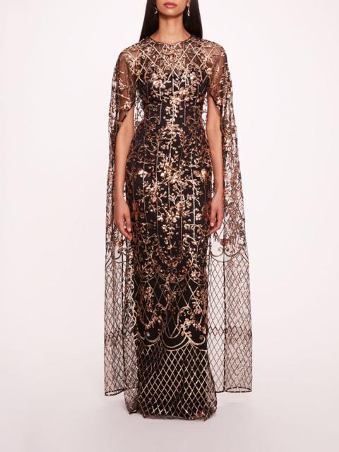Marchesa SEQUIN LATTICE CAPE GOWN