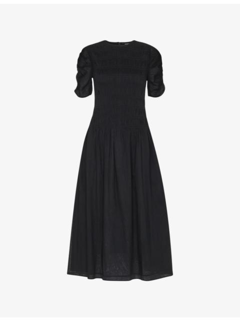 WHISTLES Avery ruched-sleeve smocked cotton midi dress