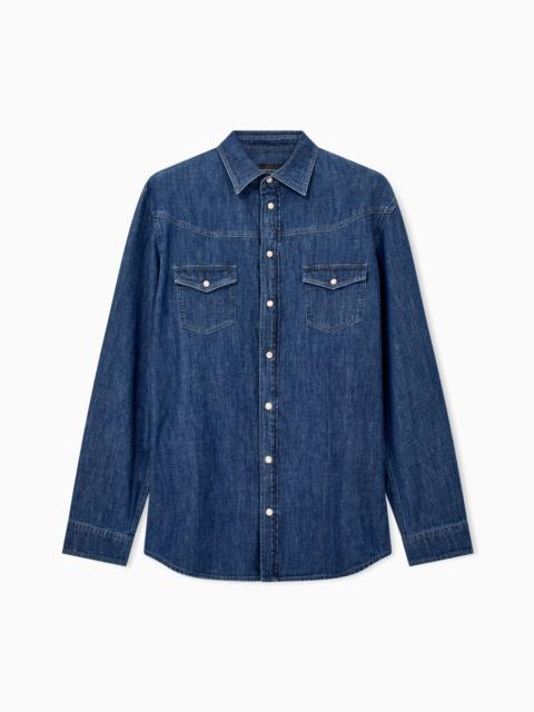 EMPORIO ARMANI COTTON DENIM SHIRT WITH POINTED COLLAR AND BUTTONED POCKETS