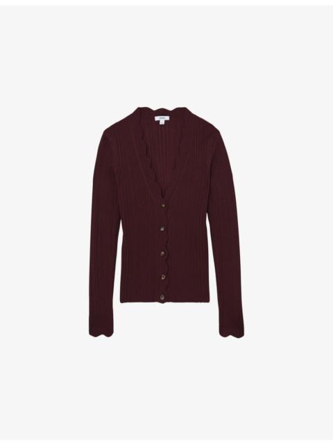 REISS Vinny Scallop-Trim Ribbed-Knit Cardigan