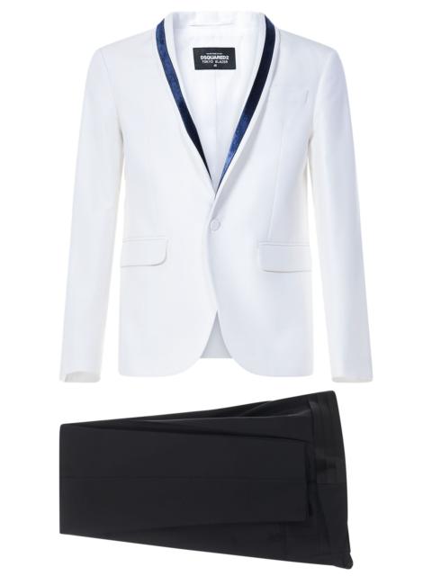 Tokyo suit with black tailored trousers and single-breasted blazer in white crêpe with blue velvet i