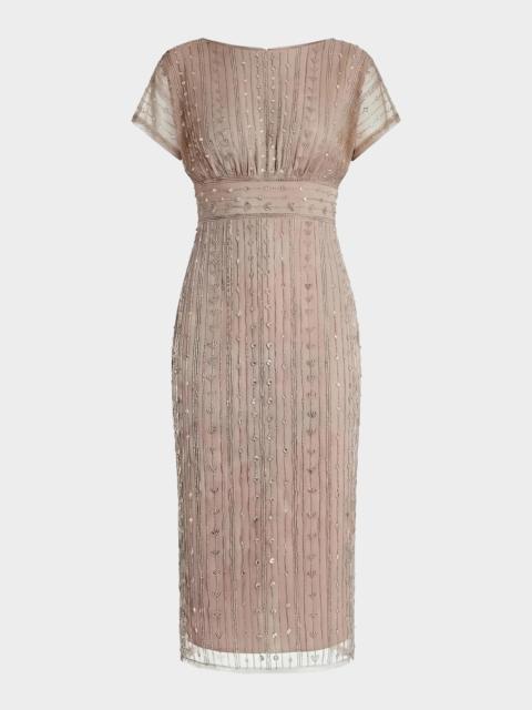 MAC DUGGAL Beaded Mesh Sheath Midi Dress