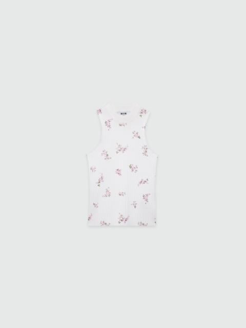 MSGM White ribbed techno-viscose top with "Cracked Flowers Bouquet" print