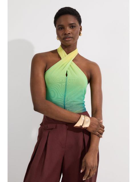 KAREN MILLEN Sunset Ombre Mesh Cross Halter Jersey Bodysuit