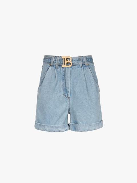 Light blue eco-designed denim high-waisted shorts with Balmain buckle