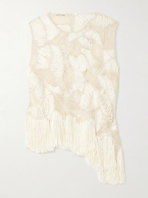 HEIRLOME Maureen Asymmetric Fringed Macramé Silk Tank