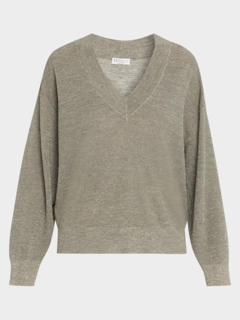 Brunello Cucinelli Sparkling Linen V-Neck Sweater
