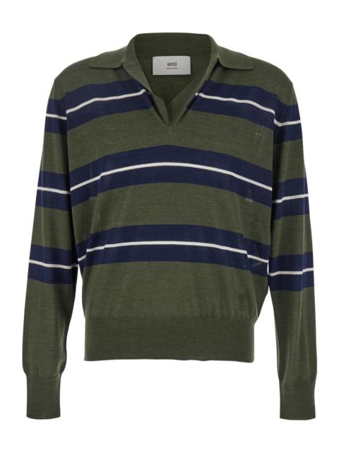 AMI Paris Ami Paris Men Green Polo With All-Over Striped Motif And Polo-Style Collar In Wool And Silk Blend Ma